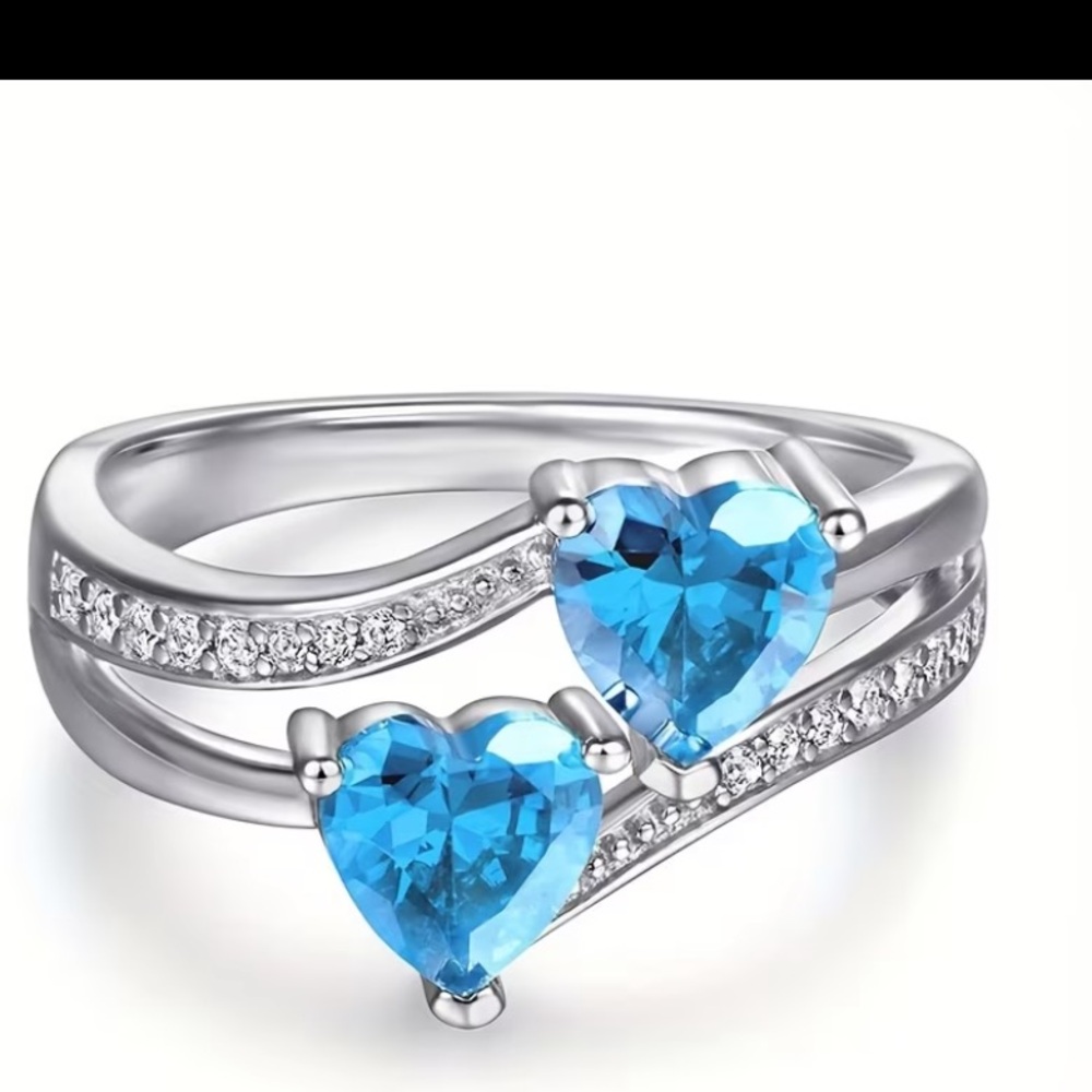 Heart Blue Crystal Double Stone Silver Ring